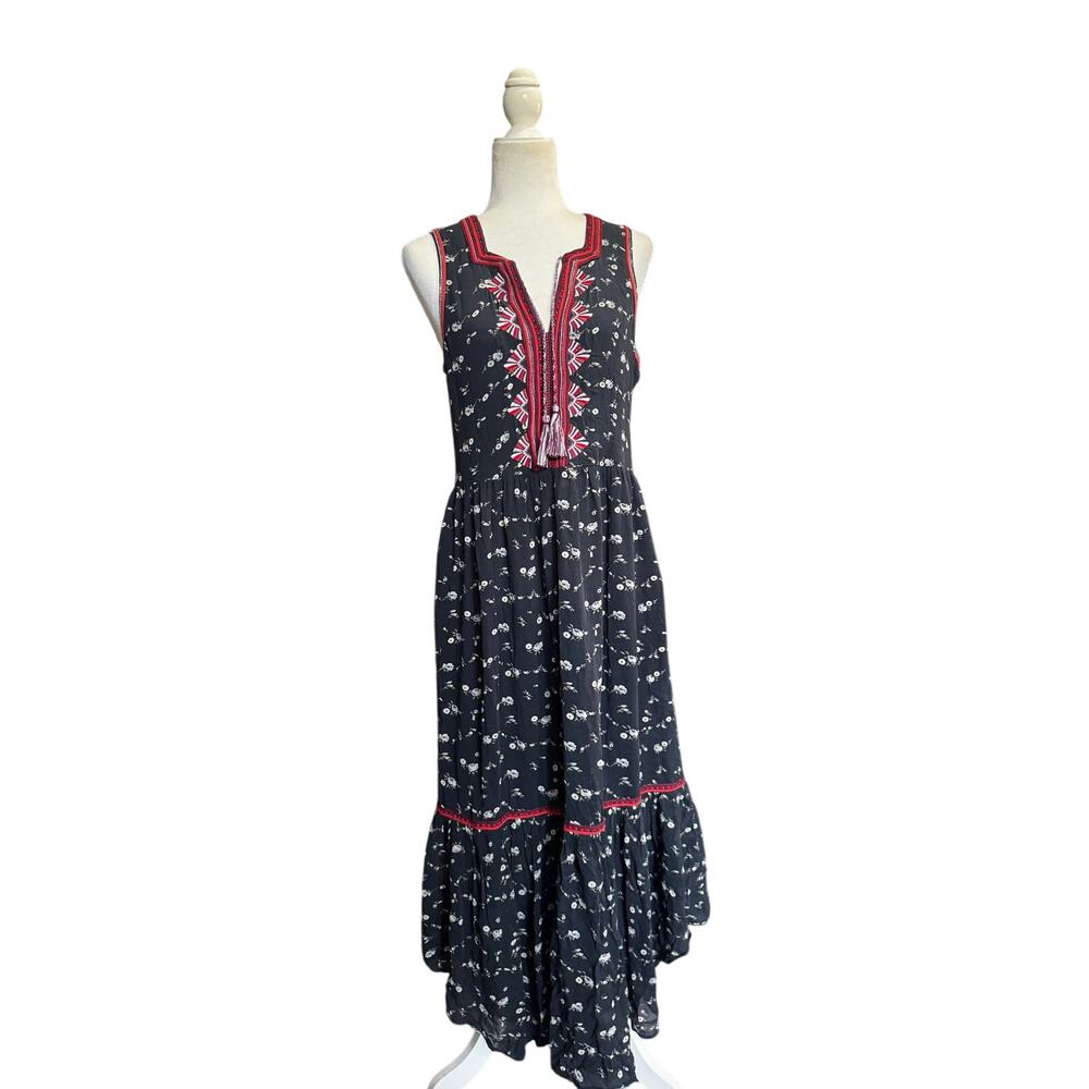 Ulla Johnson Leena Silk Tassel Tie Embroidered Midi Dress Midnight Floral Size 8